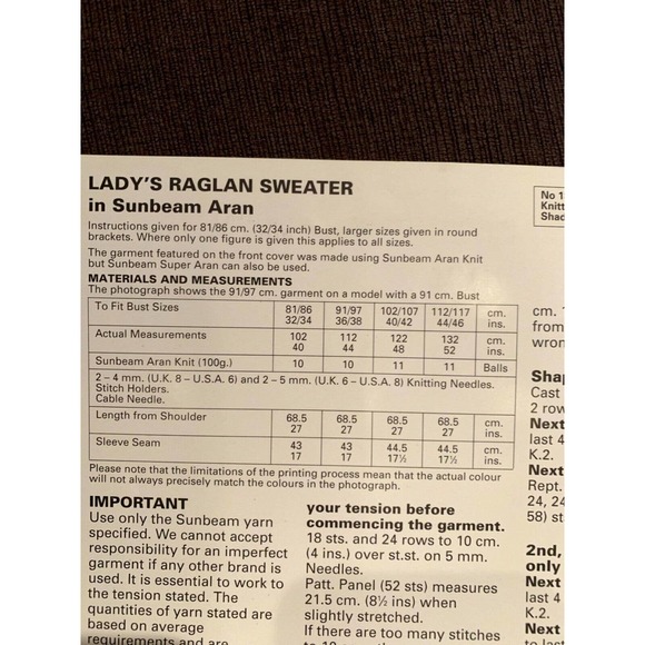 New Sunbeam Aran Knit 1820 Lady's Raglan Pullover Sweater Knitting Pattern - Picture 3 of 3